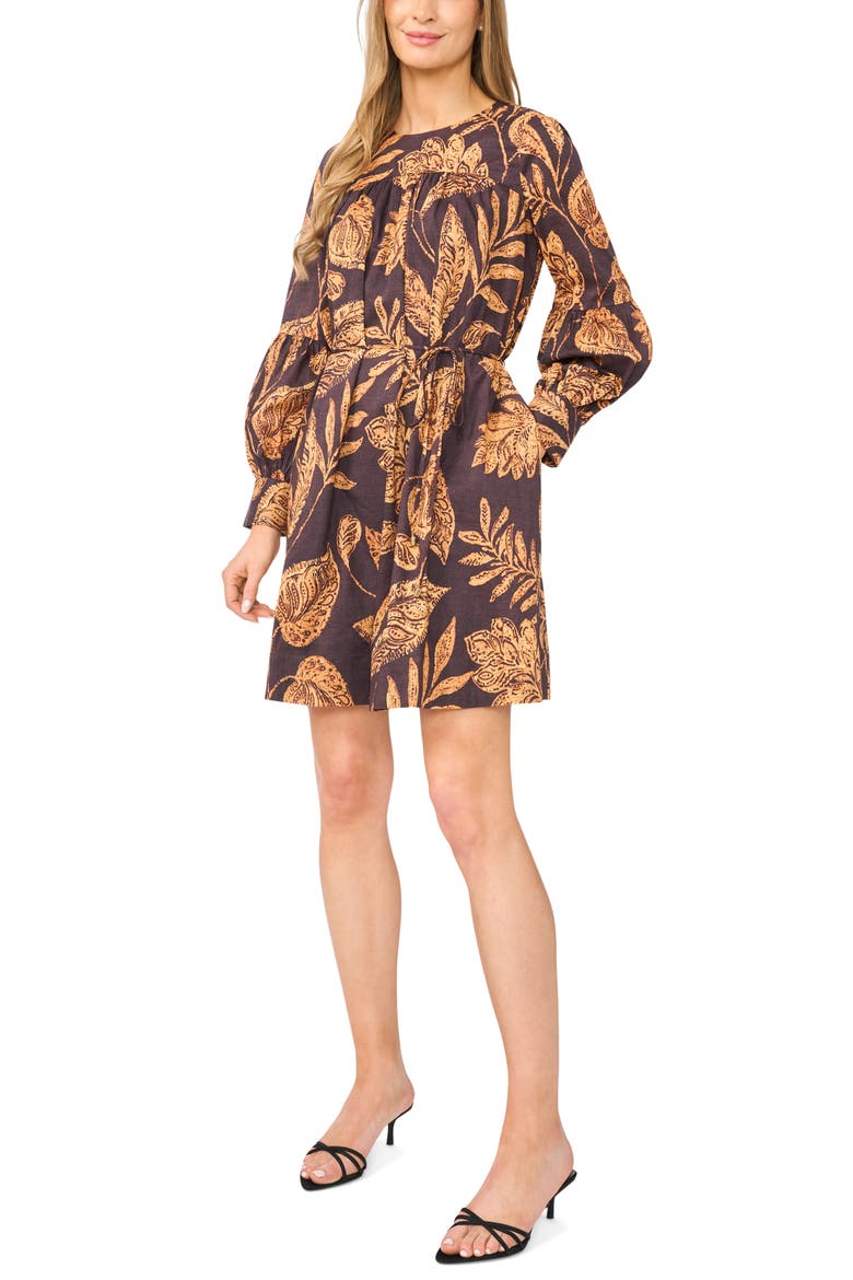 Volume Long Sleeve Tie Waist Cotton Dress