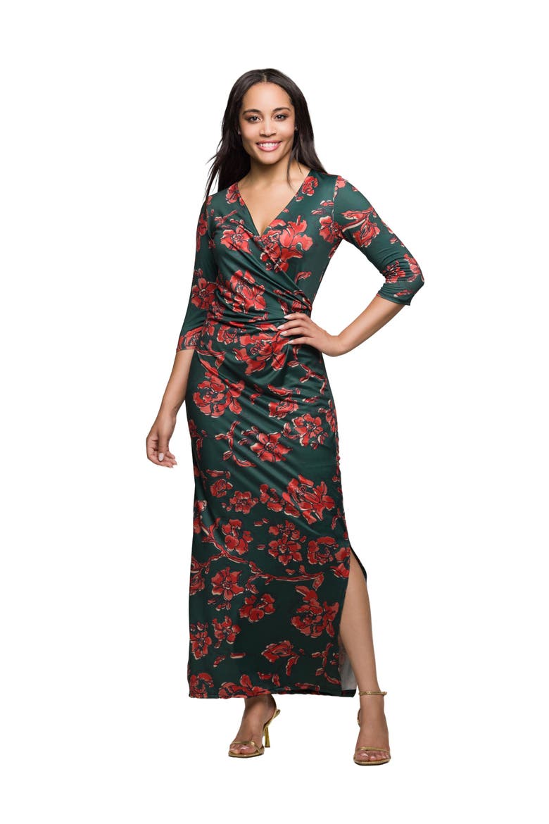 Floral Print Three Quarter Sleeve Side Slit Maxi Dress