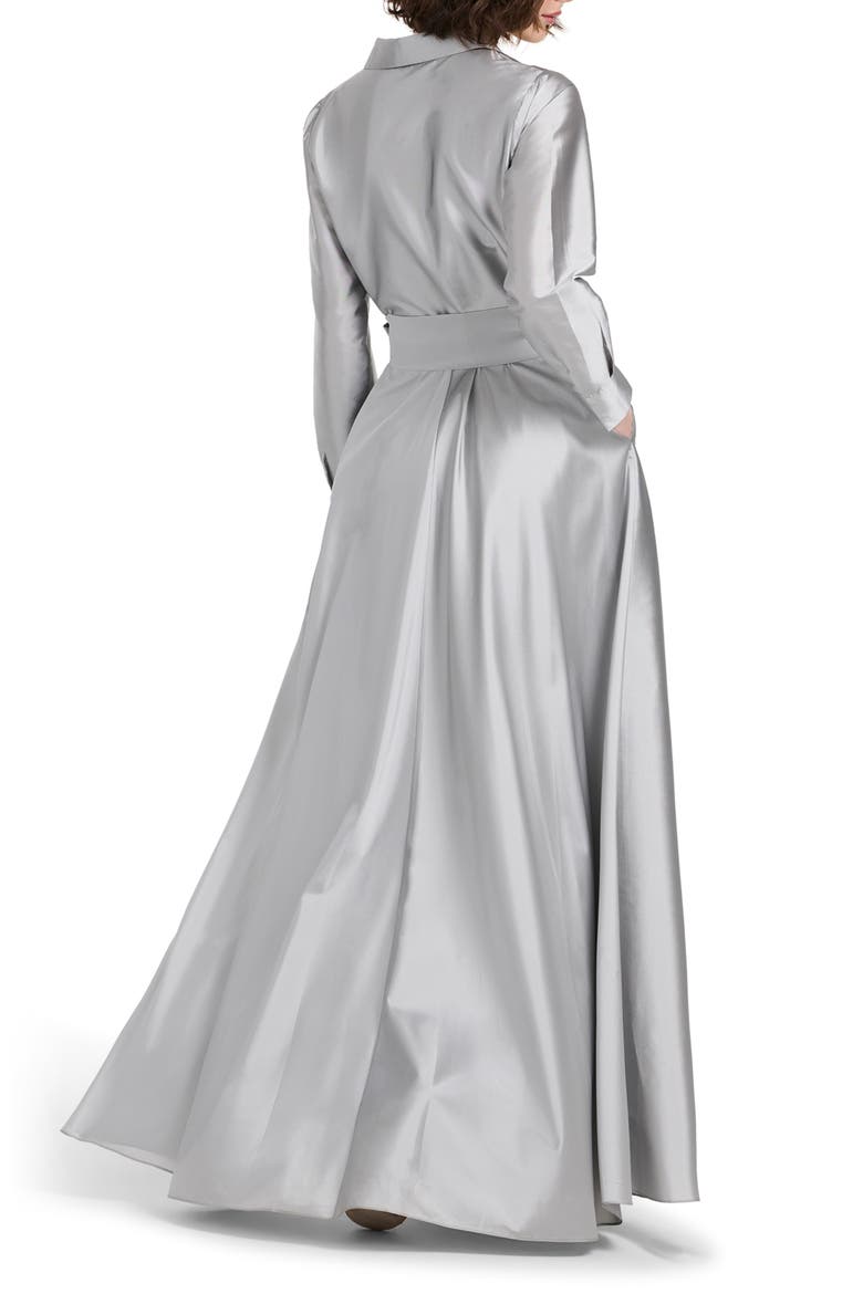Crystal Bow Button Long Sleeve Taffeta A-Line Gown