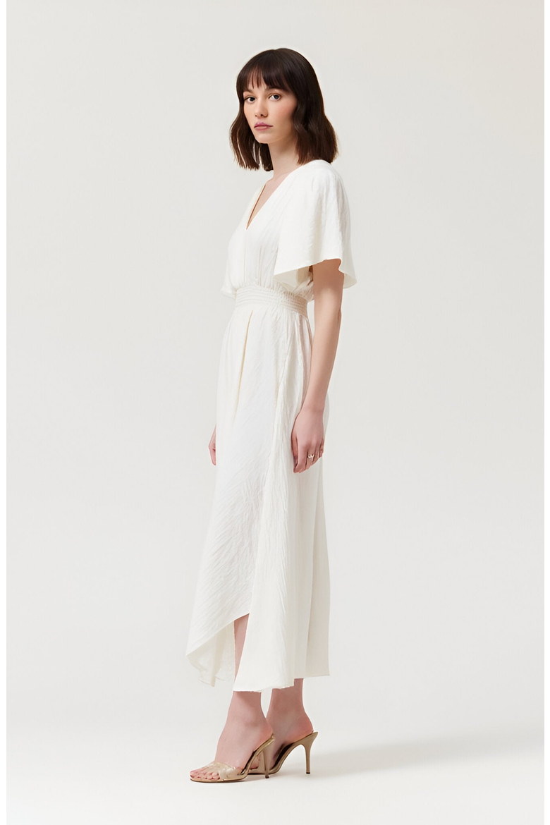 V-Neck Midi Dress with Flutter Sleeves and Handkerchief Hem