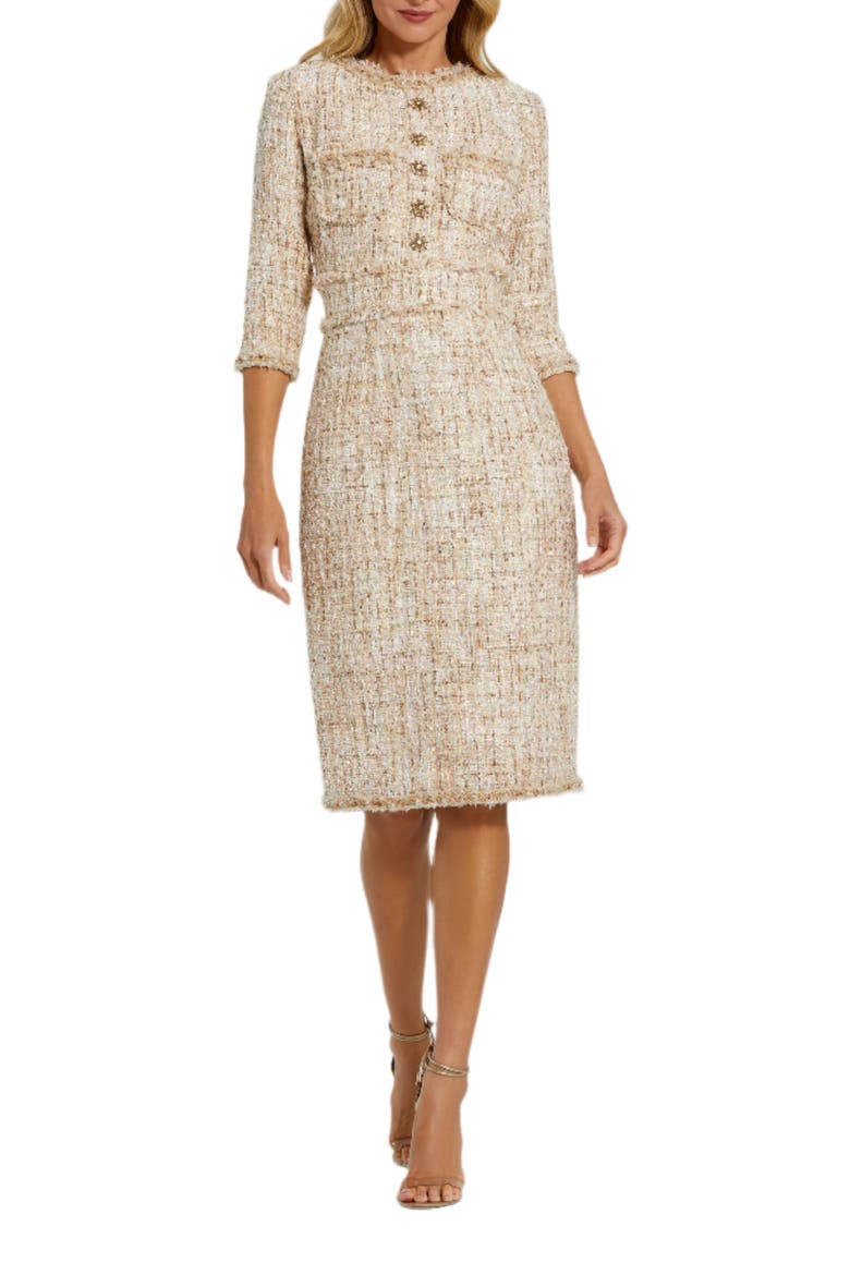 High neck 3/4 Sleeve Beaded Trim Midi Dress