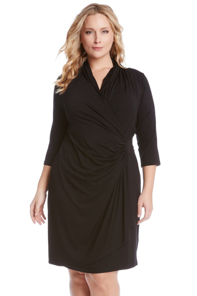 Three Quarter Sleeve Jersey Cascade Faux Wrap Dress