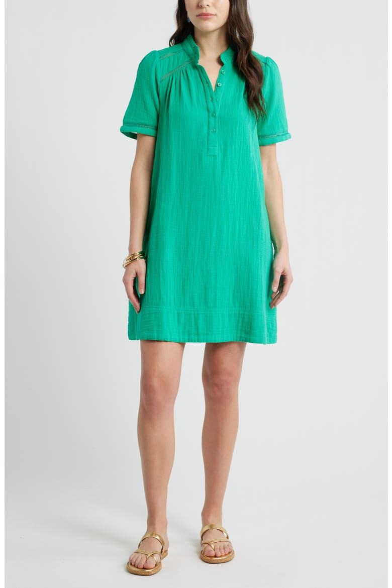 Ruffle Embroidered Inset Cotton Shift Dress