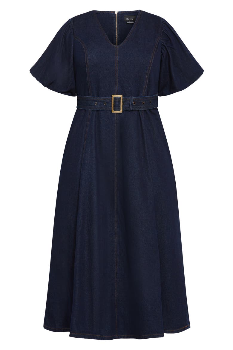 Sable Delilah Puff Sleeve Belted Denim Midi Dress