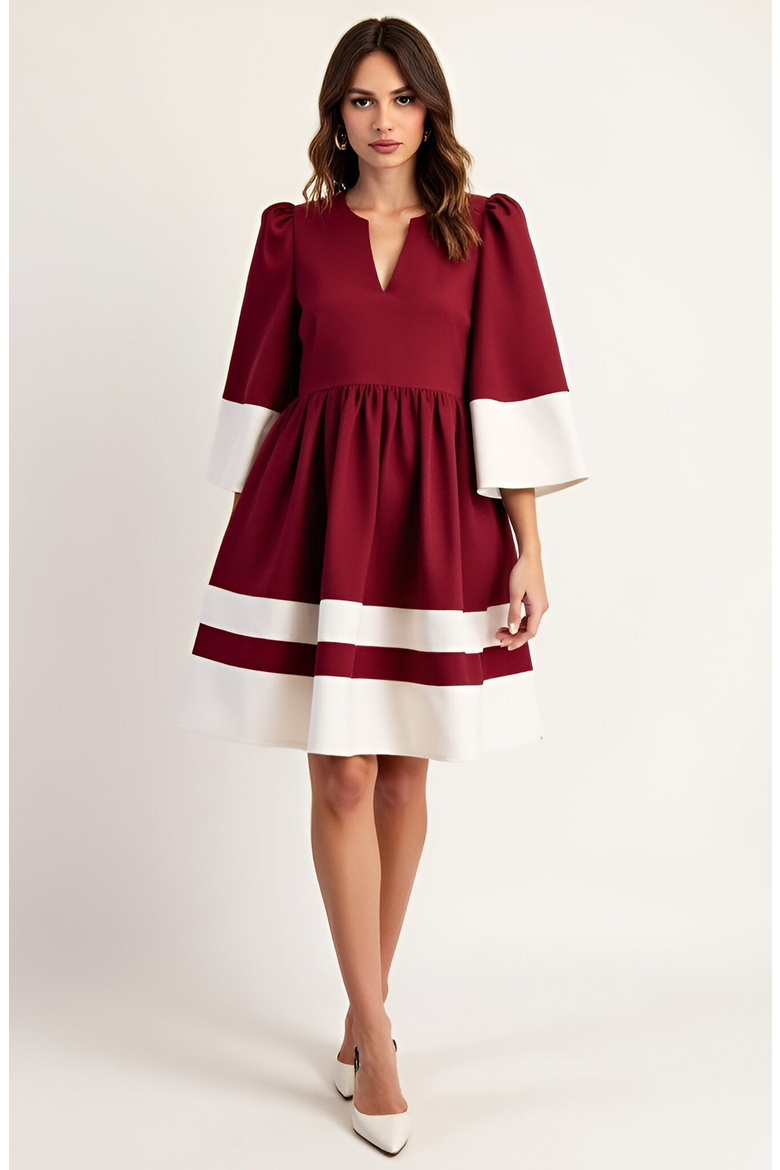 Fit and Flare Mini Dress with Contrast Cuff, Hemline and Notch Neck