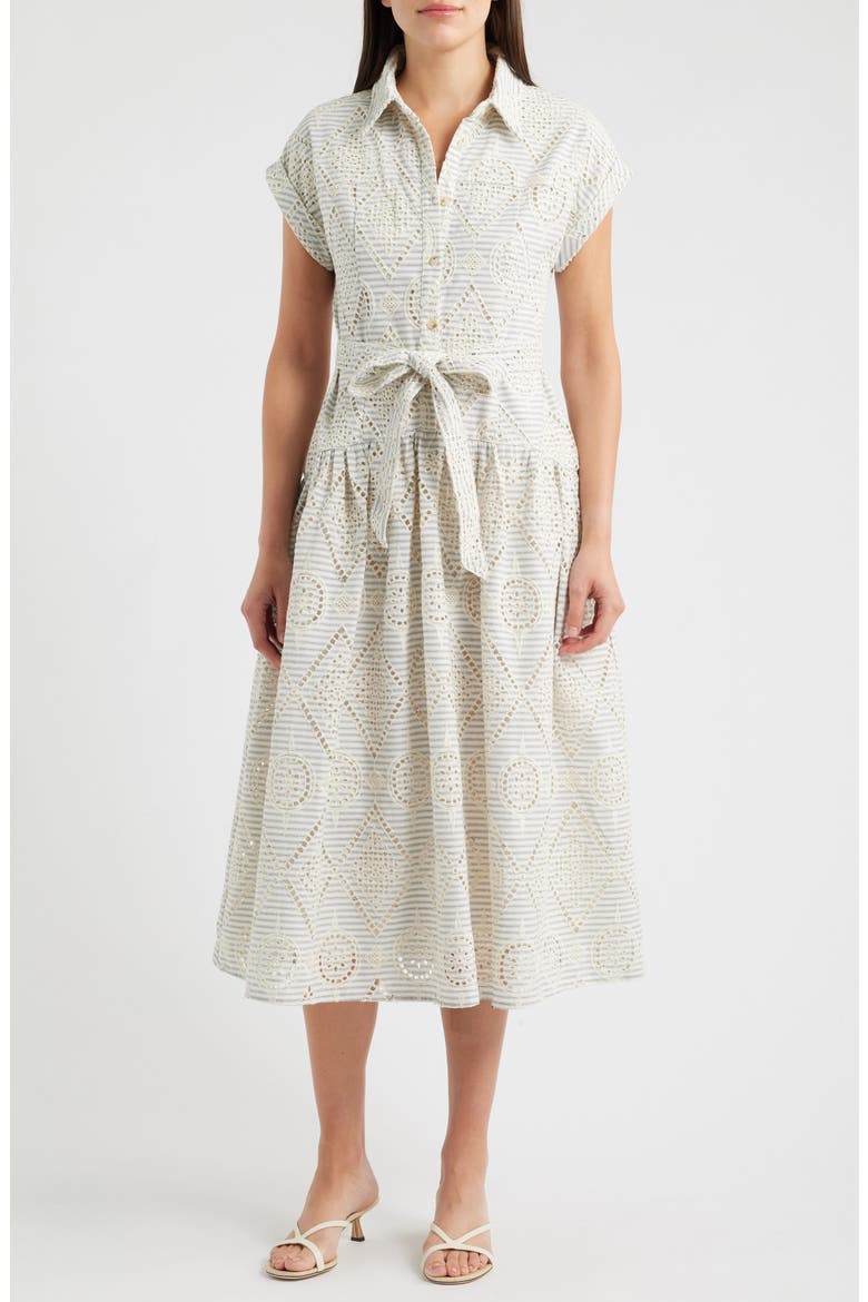 Stripe Eyelet Tie Waist Midi Dress