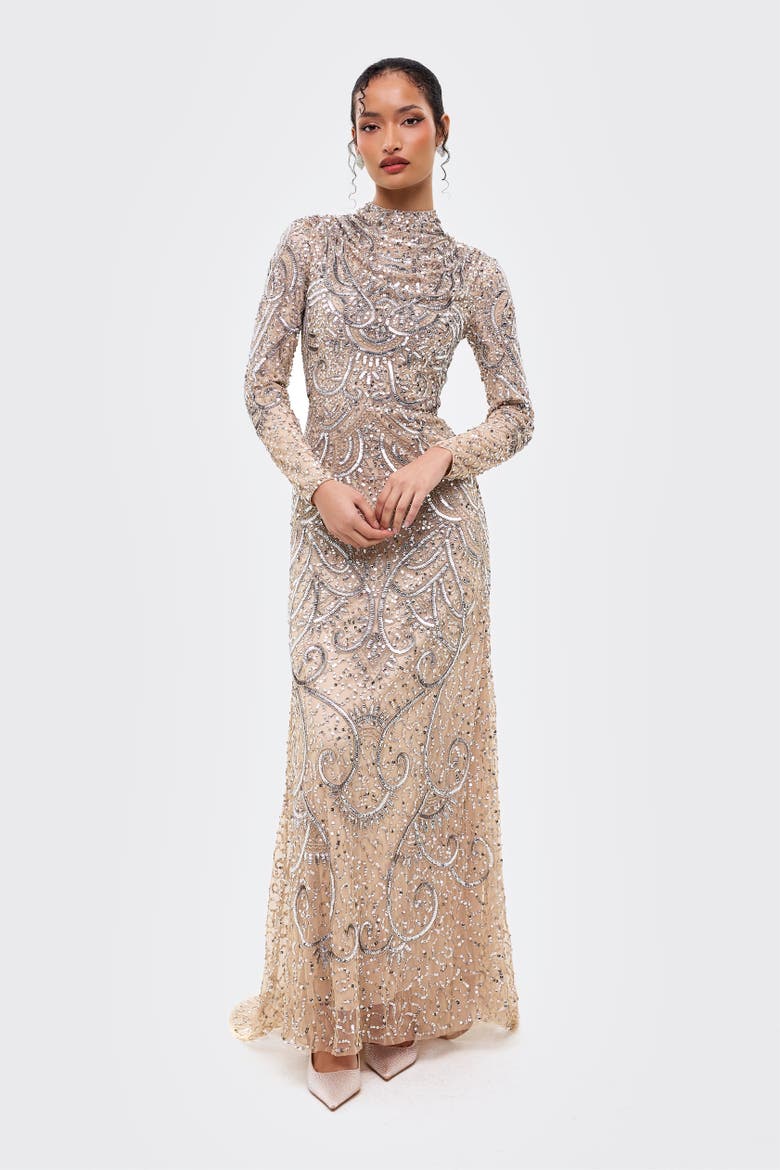 Modest Cowl Embellished Sequins Maxi Dress