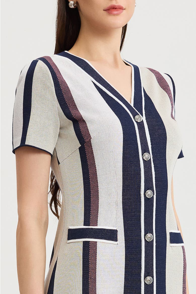 Button-Front Striped Soft Knit Dress