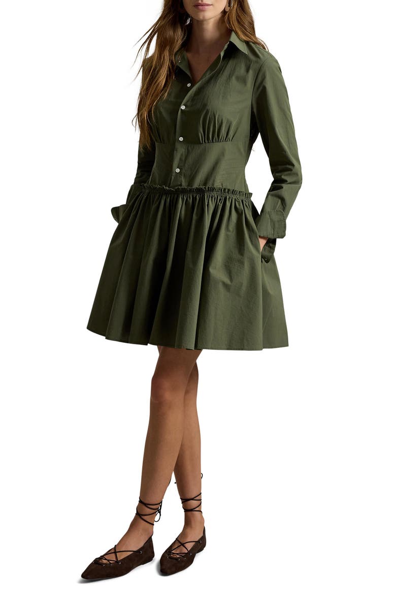 Paneled Shirred Cotton Canvas Mini Shirtdress