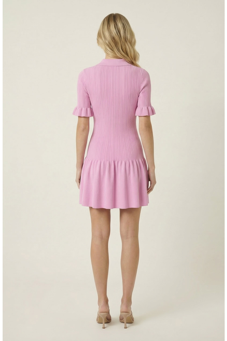 Pleated Mini Dress with Ruffle Hem and Button Front