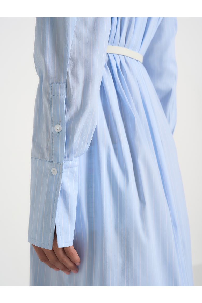 Isa Belted Pinstripe Cotton Midi Shirt Dress