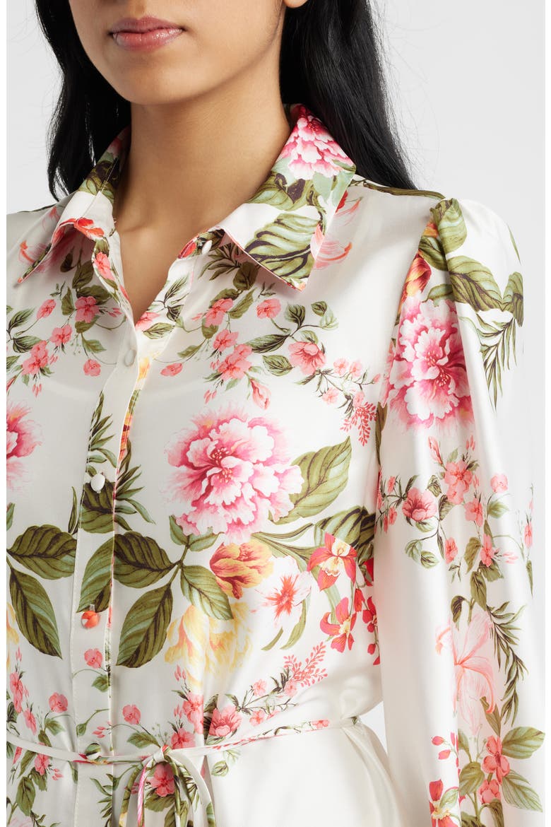 Floral Long Sleeve Tie Belt Shirtdress