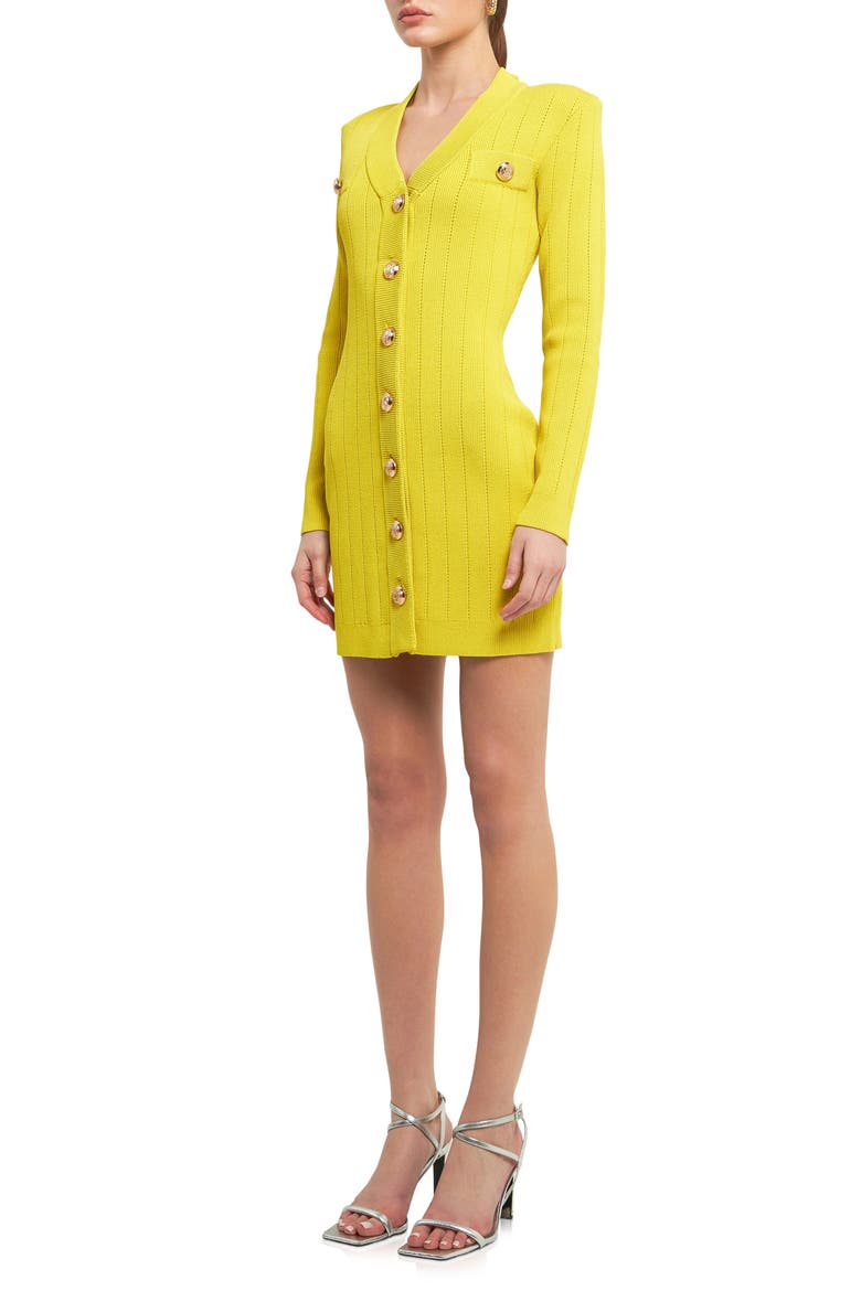 Padded Shoulder Long Sleeve Button-Up Sweater Minidress