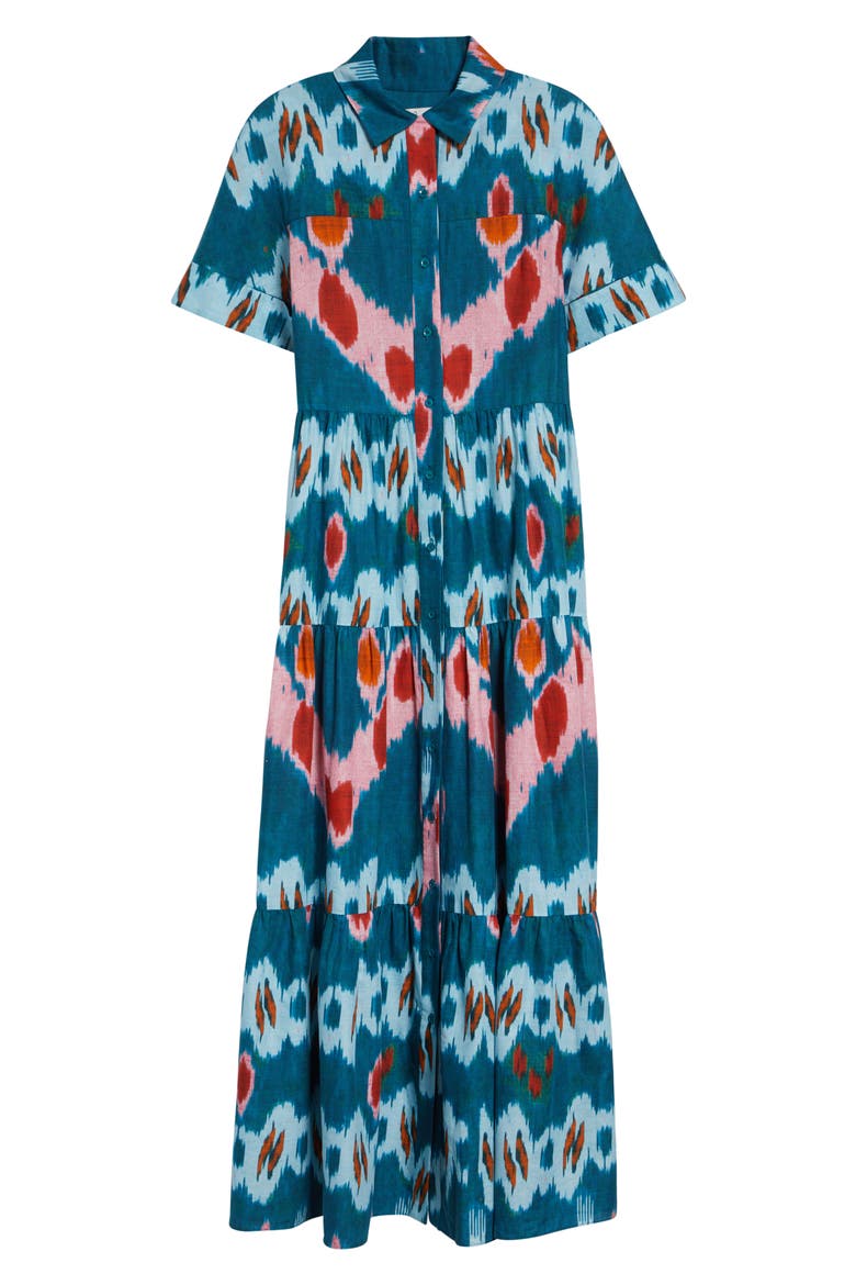 Ikat Print Tiered Cotton Sateen Midi Shirtdress