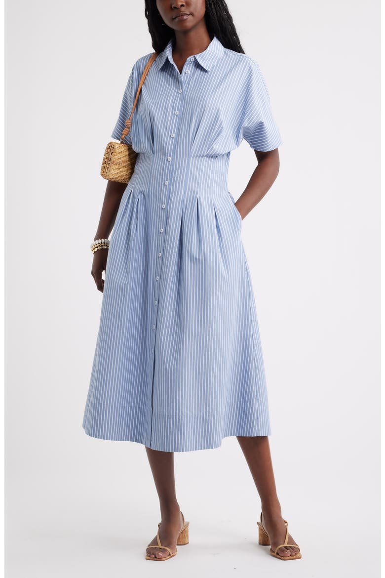 Stripe Pleated Dolman Sleeve Midi Shirtdress