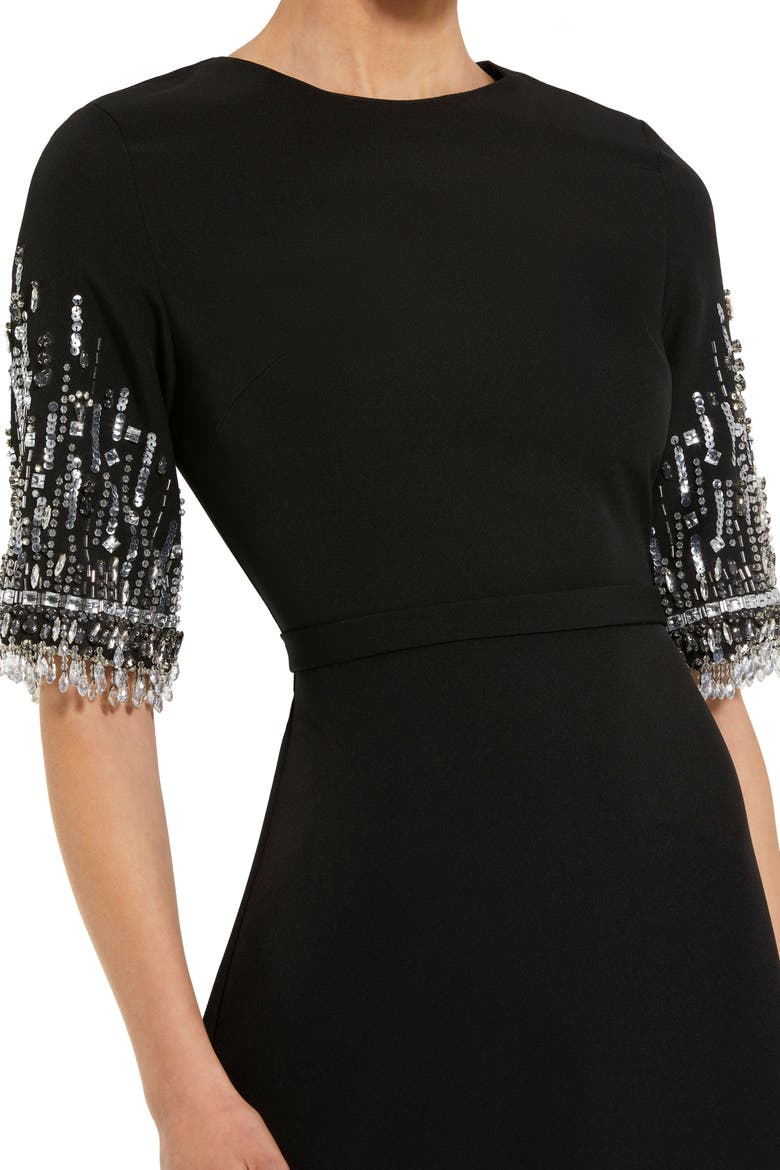 Petite Crepe A Line Gown With Beaded 3/4 Sleeves