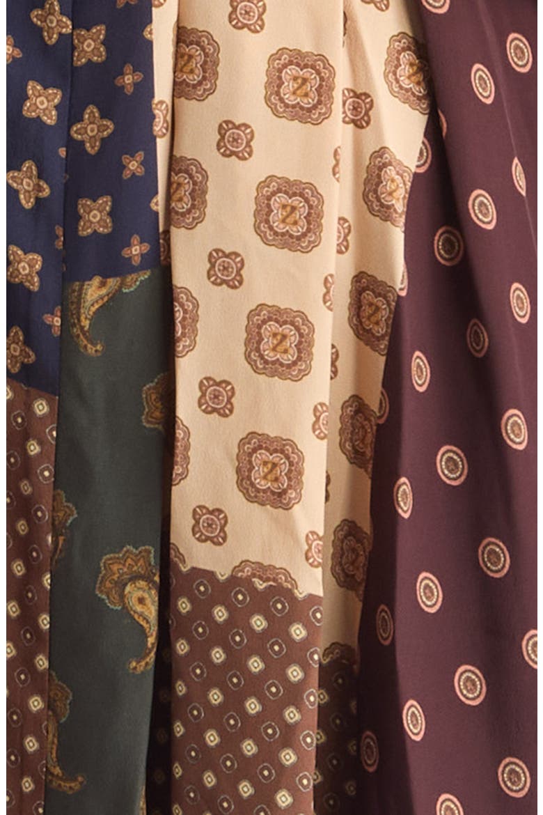 Patchwork Foulard Print Long Sleeve Midi Dress