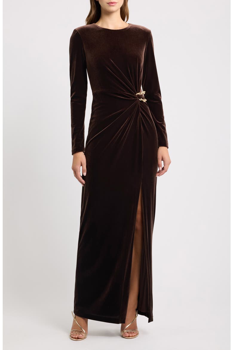 Ruched Long Sleeve Velvet Gown