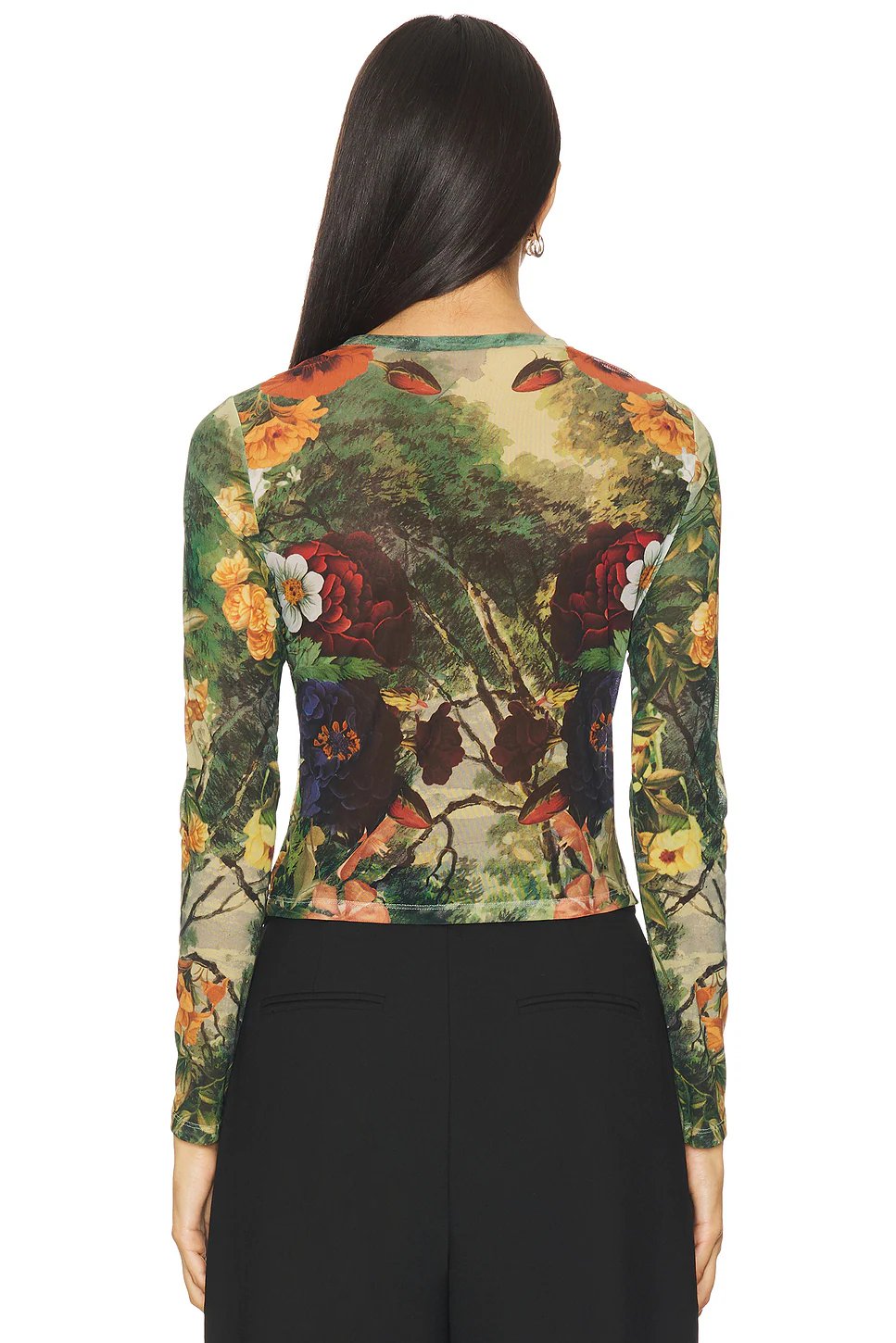 Alice + Olivia Delaina Printed Mesh Long Sleeve Crop Top in Forbidden Forest - Image 3