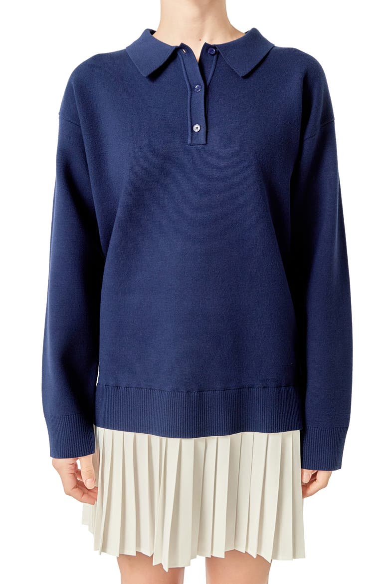 Long Sleeve Mixed Media Polo Minidress