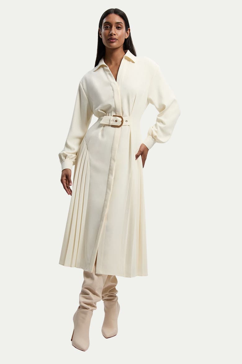 Tailored Crepe Belted Pleated Midi Dress