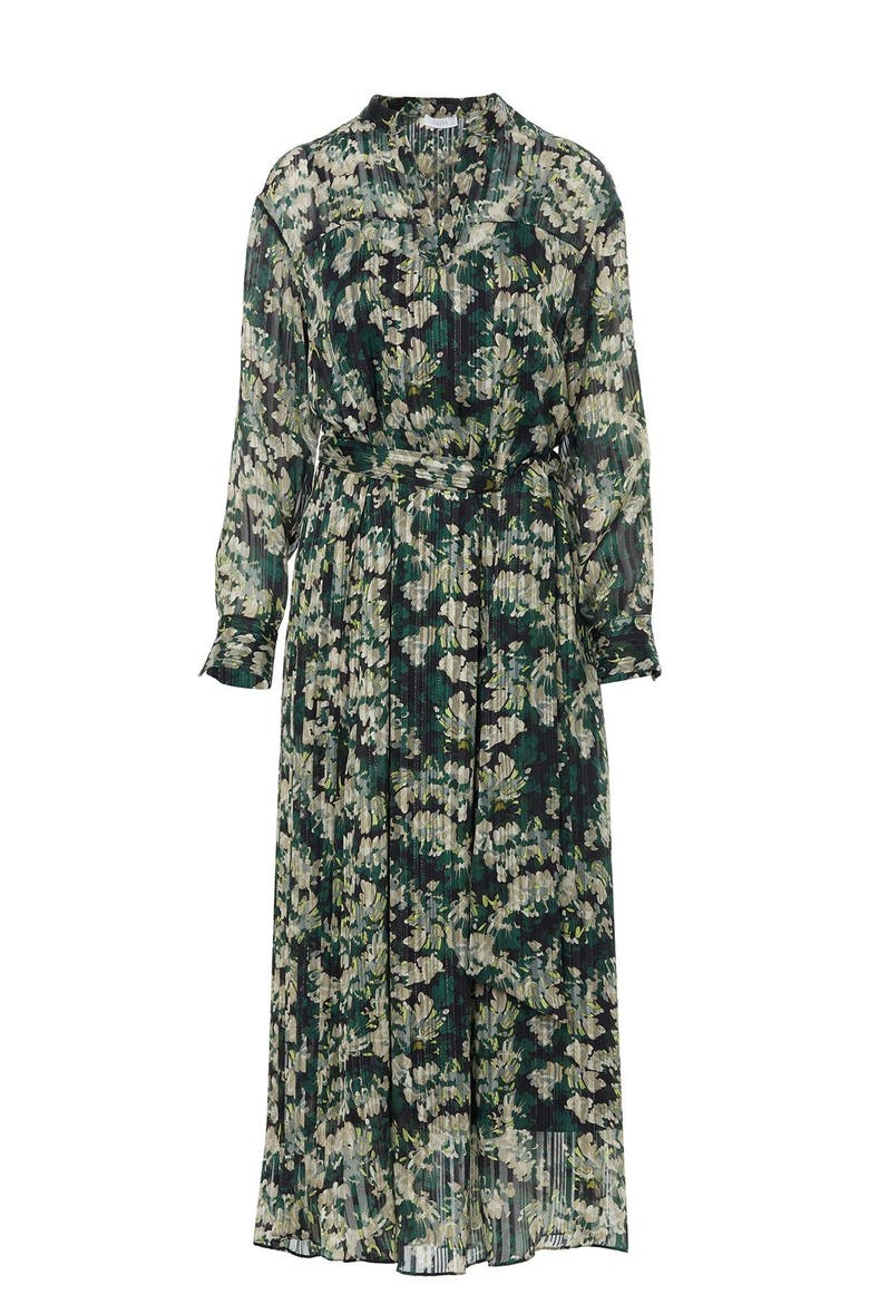 Mandarin Collar Patterned Maxi Dress with Belt