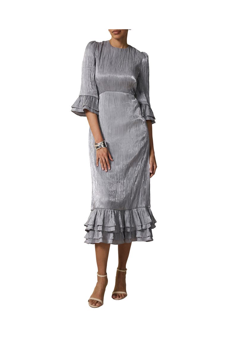 Metallic Ruffle Sleeve Midi Dress