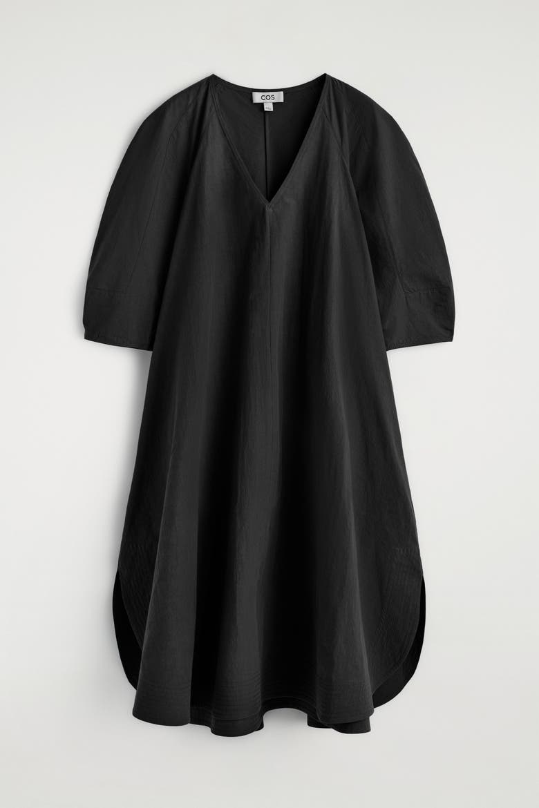 Rounded V-Neck Cotton Midi Dress
