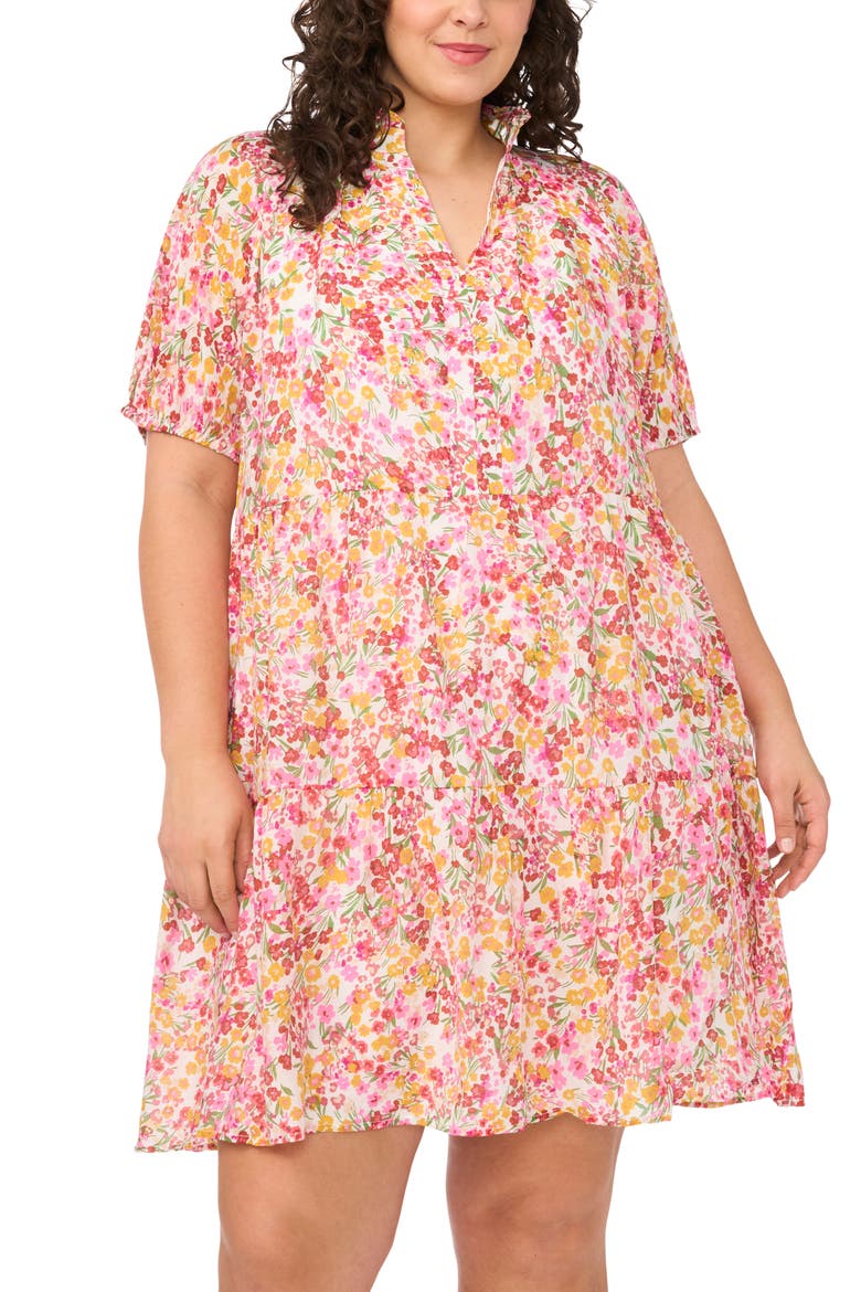 Floral Tiered Ruffle Neck Cotton Dress