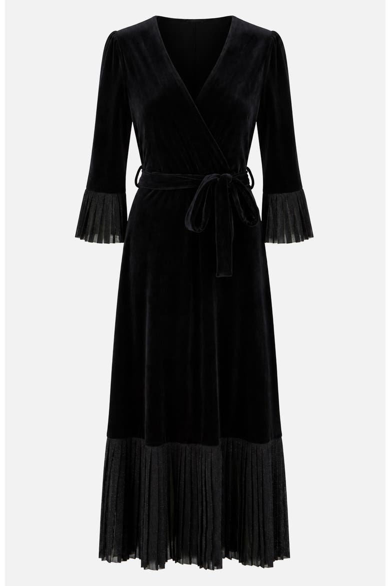Velvet Midi Pleat Detail Wrap Dress