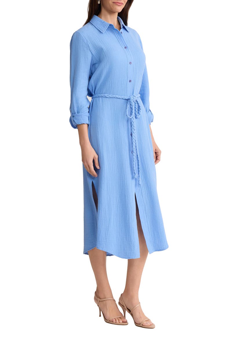 Braided Belt Long Sleeve Cotton Gauze Midi Shirtdress