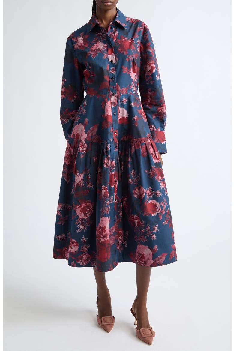 Floral Long Sleeve Organic Cotton Poplin Midi Shirtdress