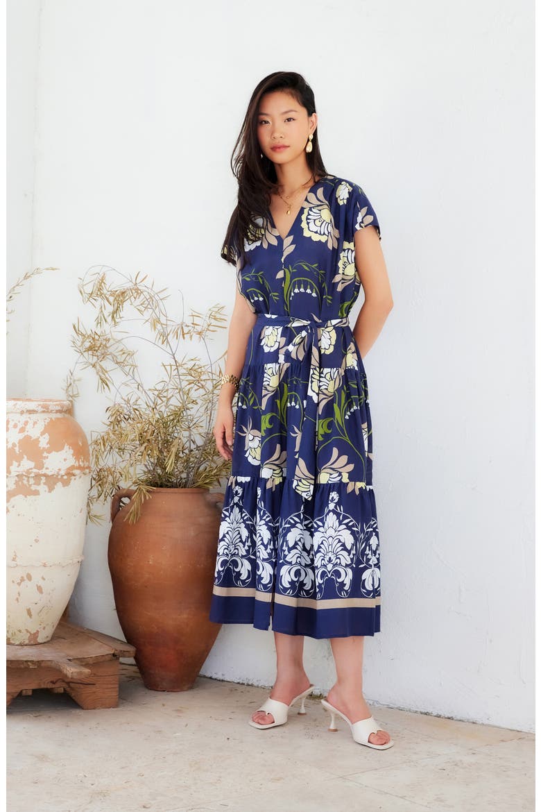 Tiered Tie Waist Midi Dress