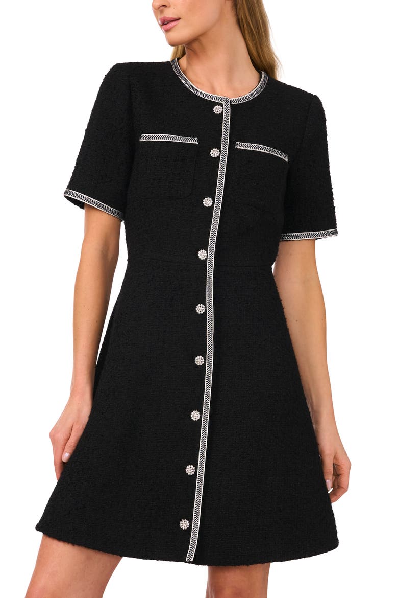 Button Front Tweed A-Line Dress