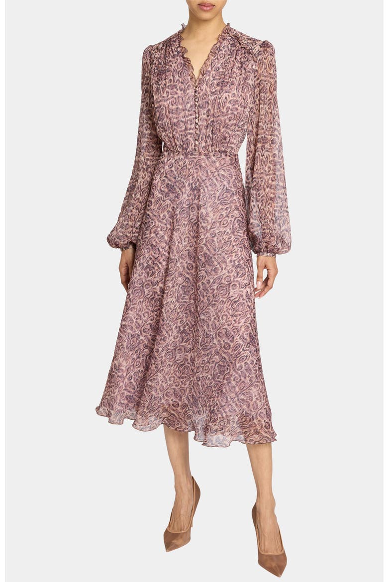 Amal Long Sleeve Fit and Flare Midi Dress in Printed Georgette