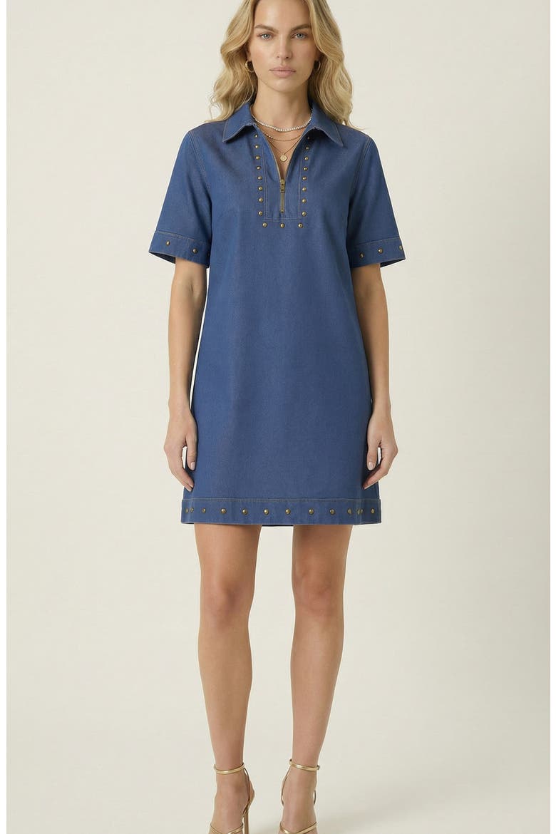 Studded Half-Zip Collared Denim Mini Dress