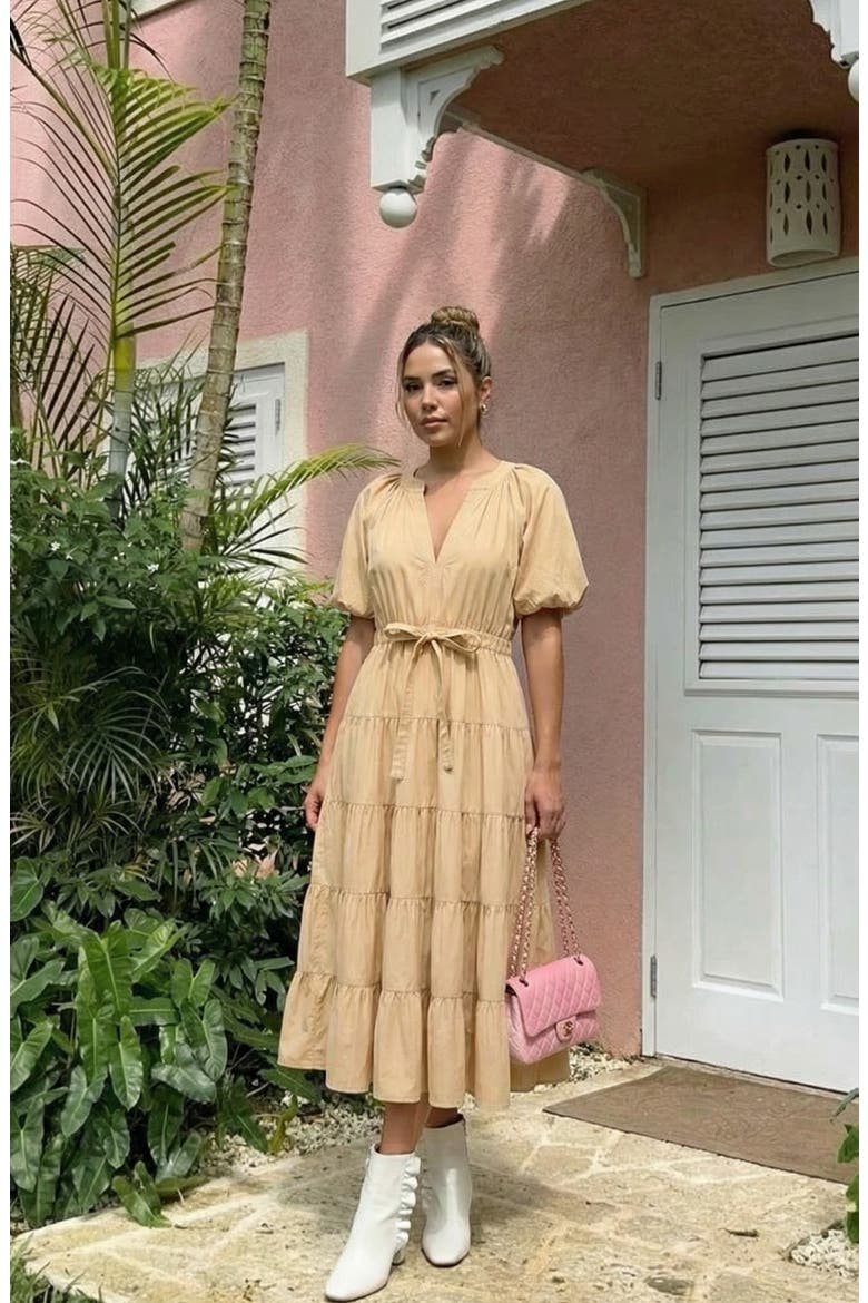Tiered Puff Sleeve Tie Waist Midi Dress