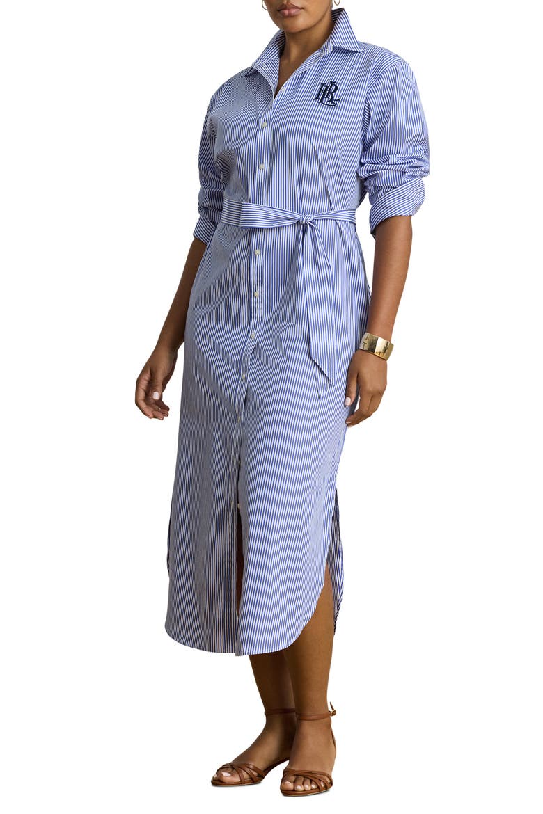Amity Embroidered Logo Stripe Long Sleeve Cotton Midi Shirtdress