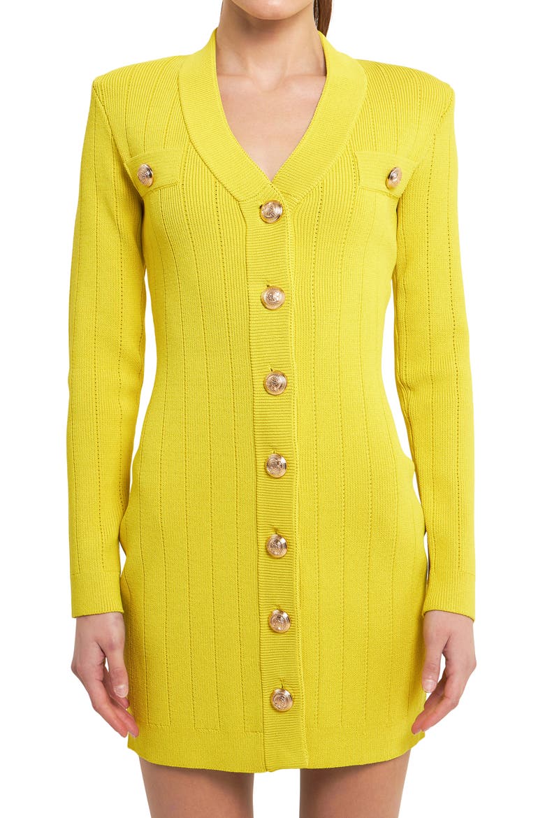 Padded Shoulder Long Sleeve Button-Up Sweater Minidress