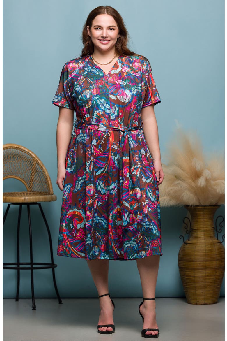 Abstract Floral Tie Waist Knit Midi Dress