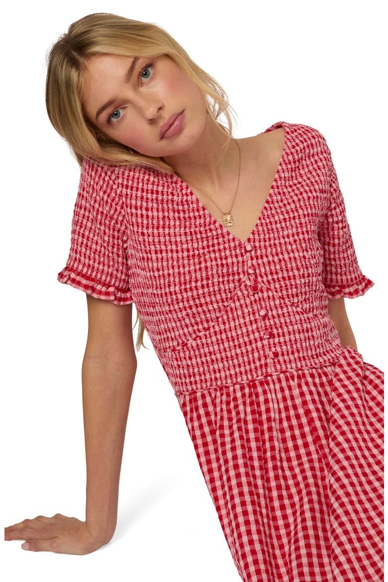 Eliza Gingham Smocked Bodice Organic Cotton Seersucker Midi Dress