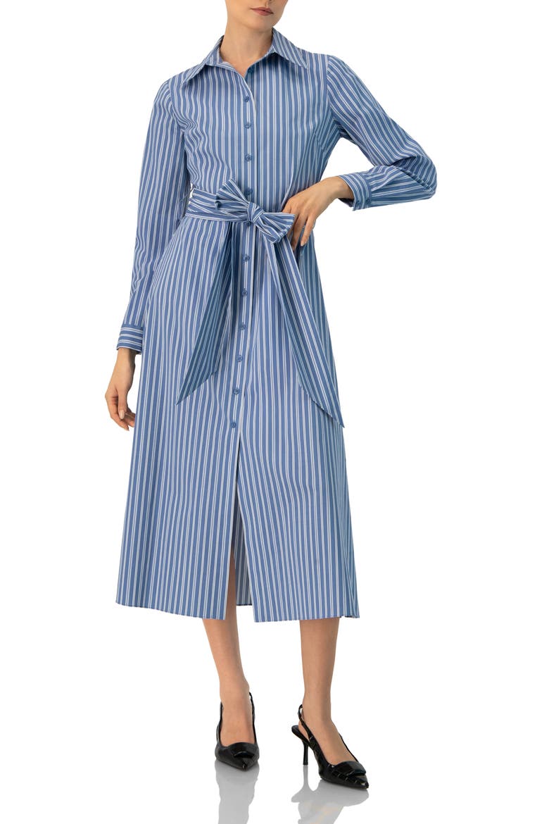 Striped Midi Collared Dress with Waist Tie