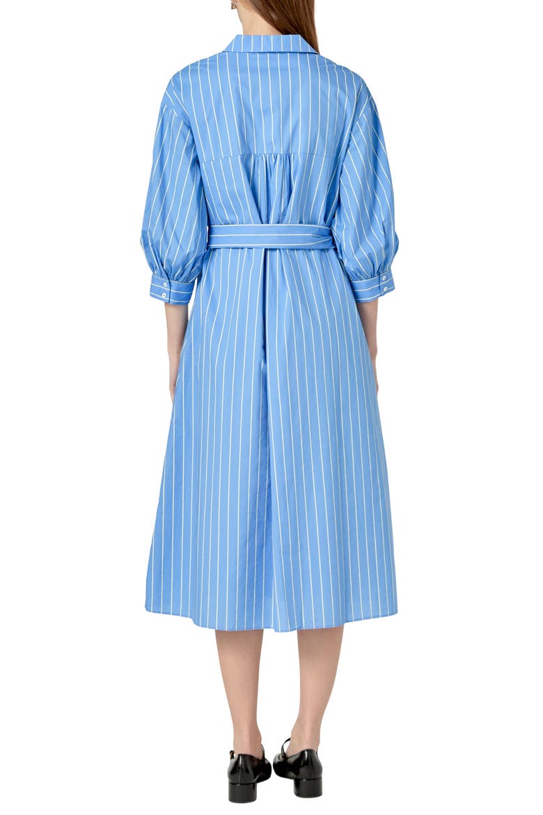 Stripe Blouson Sleeve Cotton Midi Shirtdress