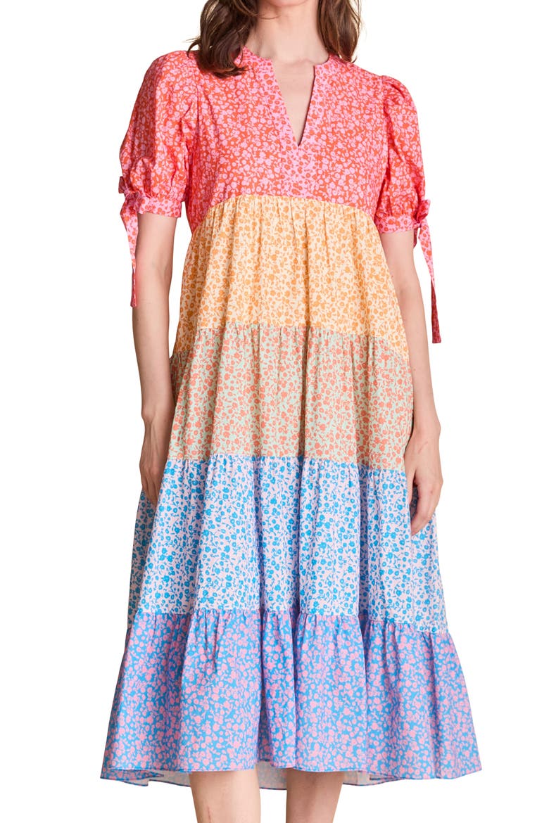 Floral Colorblock Tiered Cotton Midi Dress