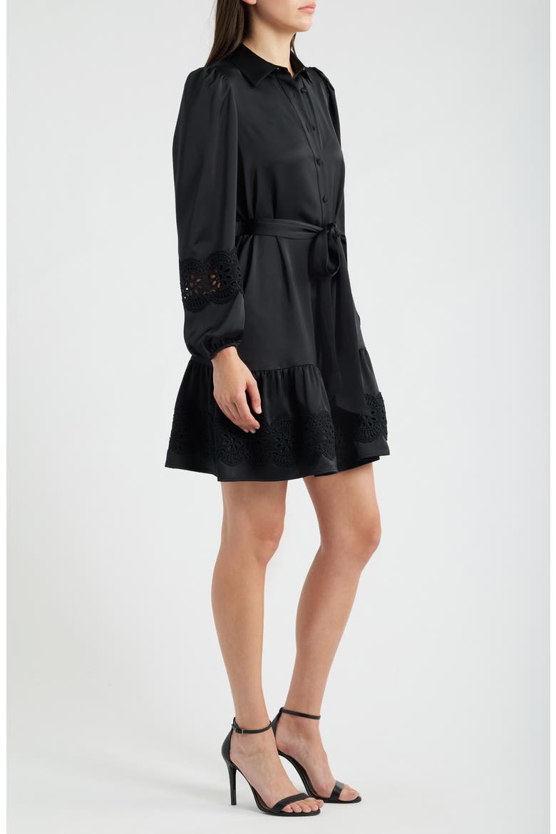 Lace Trim Long Sleeve Tie Belt Satin Shirtdress