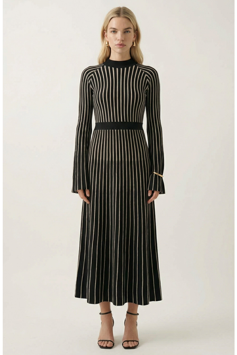 Striped Rib-Knit Long Sleeve Maxi Dress with Mock Neck