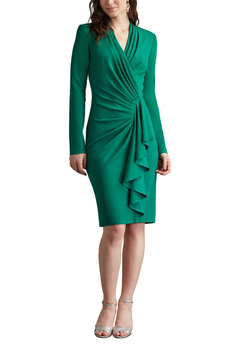 Ruffle Side Drape Long Sleeve Cocktail Dress