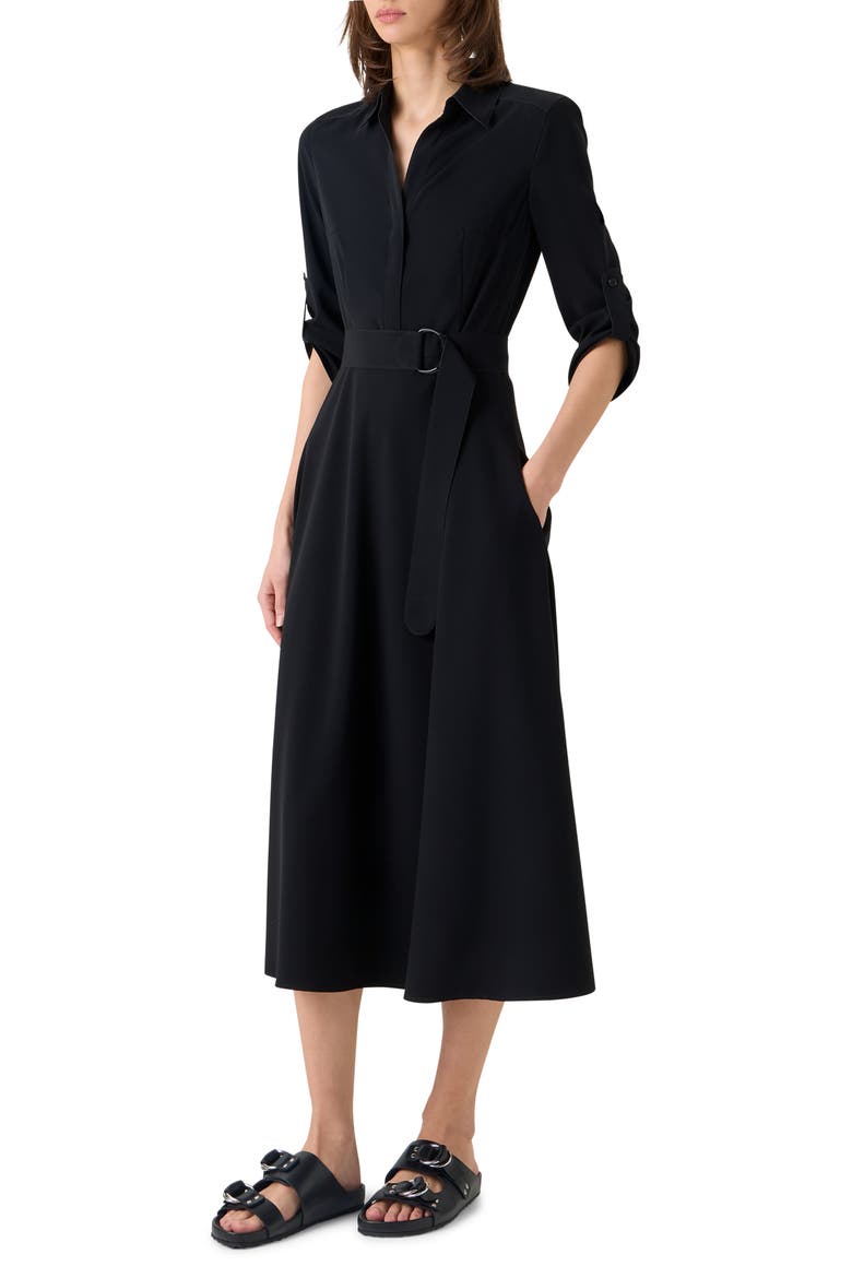 Belted Laser Cut Crepe Midi Shirtdress