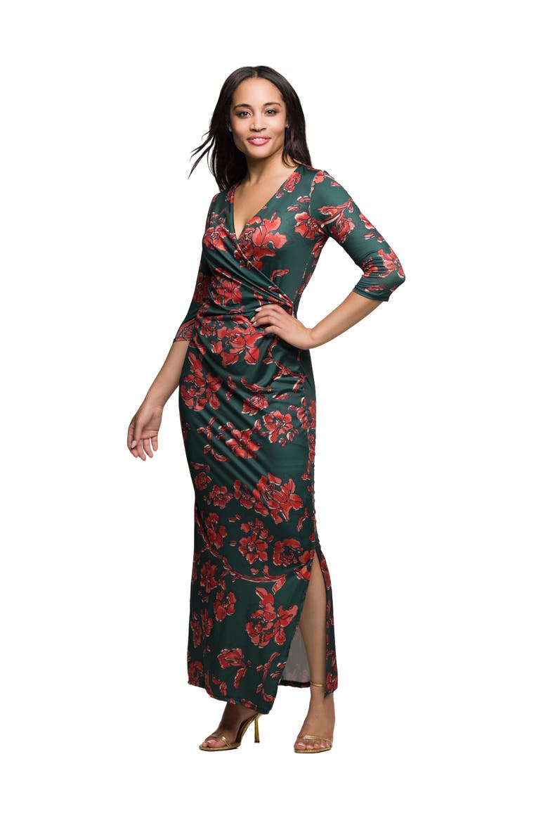 Floral Print Three Quarter Sleeve Side Slit Maxi Dress