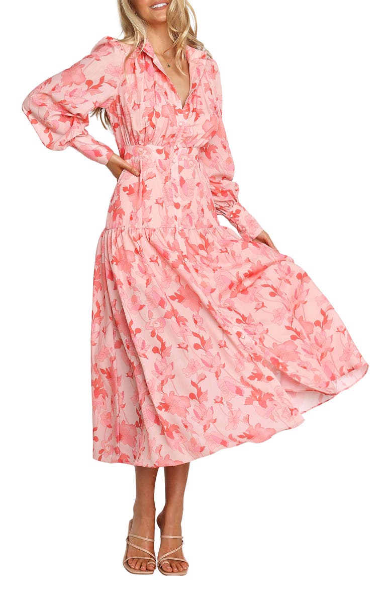 Forever Print Long Sleeve Tiered Midi Dress